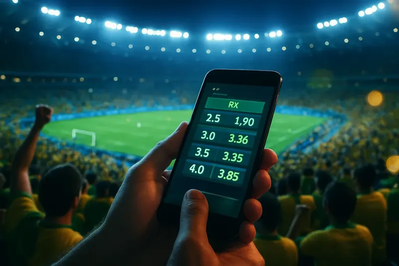 Estádio Maracanã lotado à noite com torcida em verde e amarelo, smartphone exibindo odds ao vivo e símbolos de Real