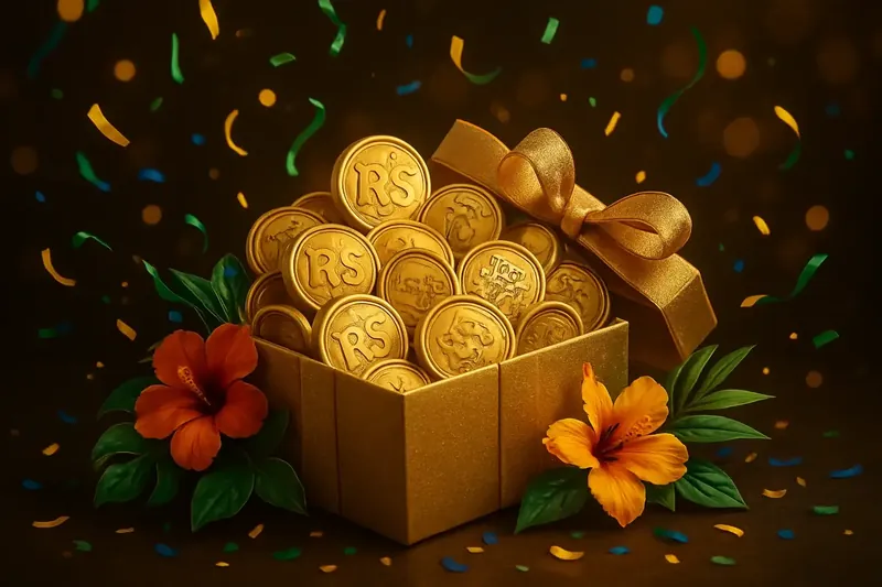 Caixa dourada com moedas de real, fichas de giros grátis, confete de carnaval e flores tropicais em clima festivo