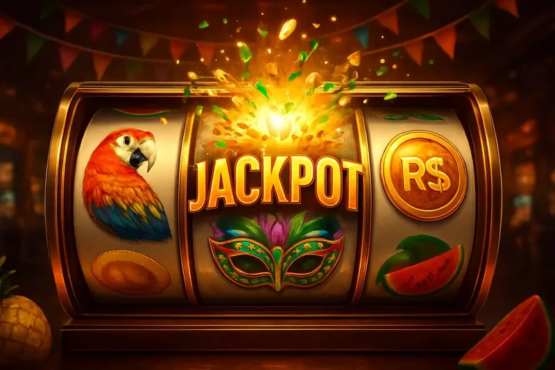 Máquina de caça-níqueis brasileira com rolos coloridos, símbolos tropicais, papagaios, máscaras de carnaval, moedas de real, frutas e jackpot explodindo com confetes verde e dourado