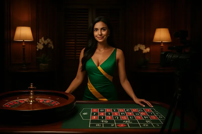 Croupier brasileira elegante em mesa de roleta com decoração tropical e atmosfera luxuosa inspirada no Copacabana Palace