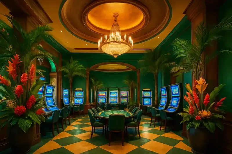 Lobby de cassino elegante com decoração tropical brasileira, flores exóticas e telas de jogos brilhantes