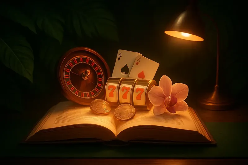 Livro aberto com páginas brilhantes mostrando roleta, caça-níqueis, cartas de blackjack, moedas de real e flores tropicais sobre mesa de madeira com folhas da Amazônia