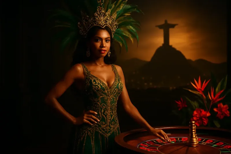 Mulher brasileira elegante com vestido de carnaval verde e dourado ao lado de mesa de roleta, flores tropicais e skyline do Rio de Janeiro ao fundo