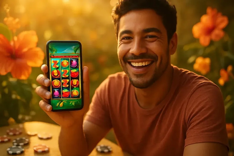 Jogador brasileiro segurando smartphone com jogo de slot online colorido, fundo dourado com flores tropicais e fichas de cassino