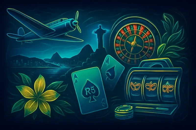 Montagem digital de jogos de cassino com elementos brasileiros, incluindo Aviator, roleta, cartas e caça-níqueis, em fundo luxuoso verde e dourado